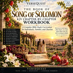 Song of Solomon KJV Chapter-by-Chapter Workbook with biblical couple, crown, lilies, pomegranates, garden, and Jerusalem sunset.