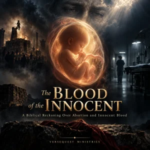 The Blood of the Innocent KJV abortion Bible study book cover featuring unborn child imagery in a cinematic design.
