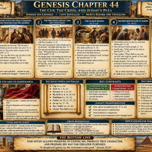 Genesis 44 KJV Bible study chart showing Joseph’s silver cup in Benjamin’s sack, the brothers’ return, and Judah pleading to take Benjamin’s place.