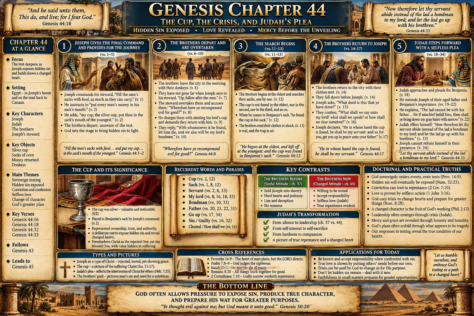Genesis 44 – The Cup, the Crisis, and Judah’s Plea: Benjamin Tested, Hidden Guilt Exposed, and a Changed Heart Proven (KJV Bible Study Chart)
