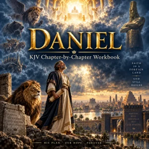 Daniel KJV workbook cover with Daniel, lion, Babylon, prophetic beasts, heavenly throne, and great image.