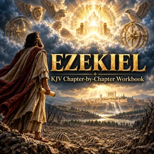 Ezekiel KJV workbook cover with prophet, heavenly throne, living creatures, wheels, dry bones, and restored temple.