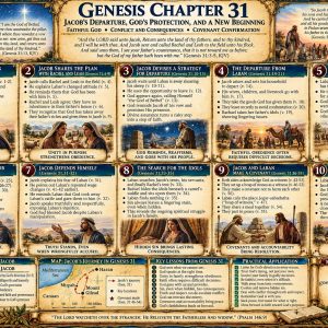 Genesis 31 KJV Bible study chart showing Jacob leaving Laban, Rachel and Leah, Rachel’s idols, Mount Gilead, and God’s protection.