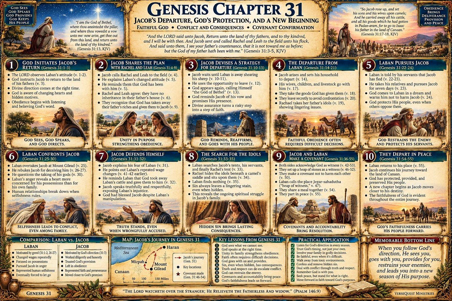 Genesis 31 – Jacob Leaves Laban: God’s Direction, Rachel’s Idols, Laban’s Pursuit, and the Covenant at Gilead (KJV Bible Study Chart)