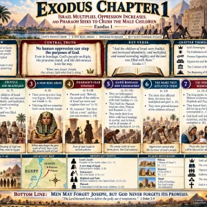 Exodus 1 KJV Bible study chart showing Israel multiplying in Egypt, Pharaoh’s oppression, Hebrew midwives, taskmasters, and the decree against sons.