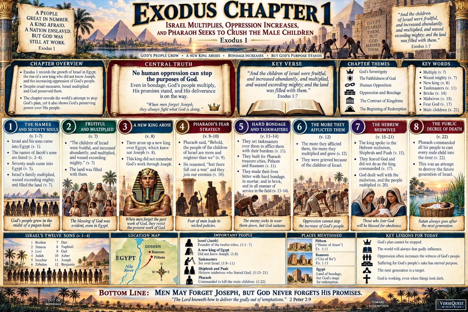 Exodus 1 – Israel Multiplies Under Oppression: Pharaoh’s Bondage, the Hebrew Midwives, and the Decree Against the Male Children (KJV Bible Study Chart)