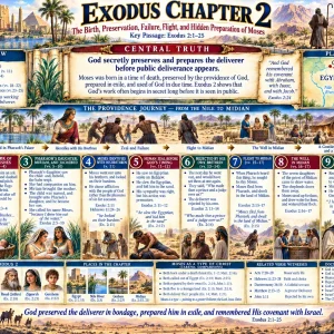 Exodus 2 KJV Bible study chart showing Moses’ birth, ark of bulrushes, Pharaoh’s daughter, flight to Midian, Zipporah, and Israel’s groaning.