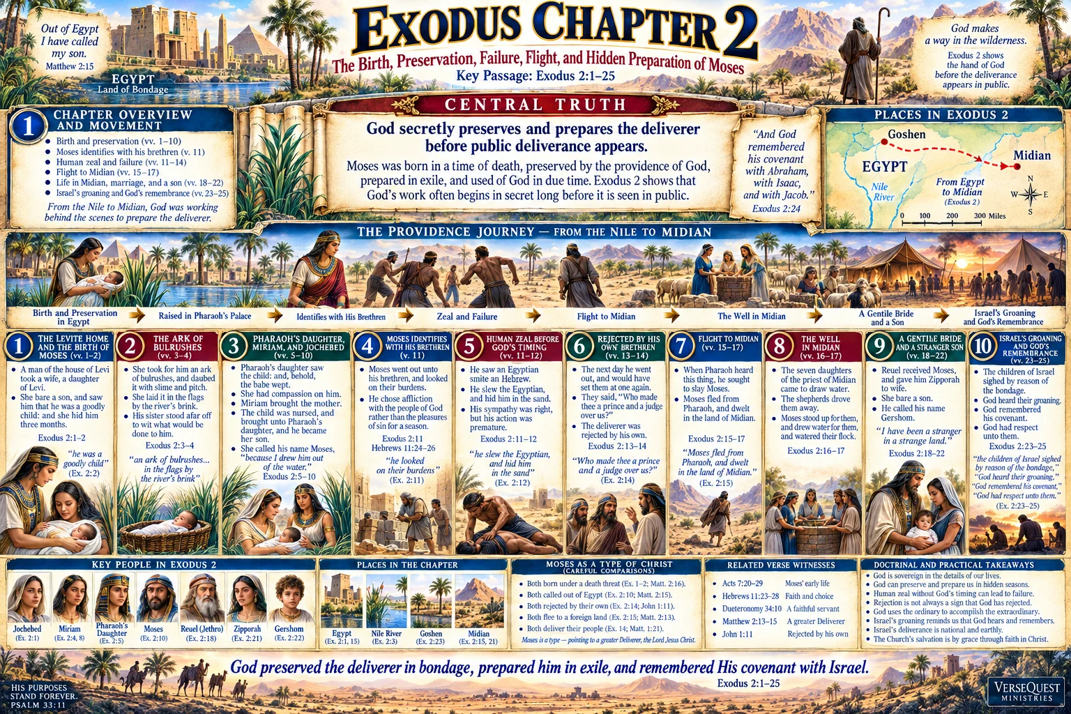 Exodus 2 – The Birth and Preservation of Moses: The Ark of Bulrushes, Pharaoh’s Daughter, Flight to Midian, and God Remembers His Covenant (KJV Bible Study Chart)