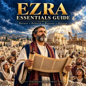 Ezra Essentials Guide featuring Ezra with an open scroll before Jerusalem and the rebuilding of the temple.