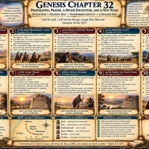 Genesis 32 KJV Bible study chart showing Jacob fearing Esau, praying, crossing Jabbok, wrestling with a man, receiving the name Israel, and naming Peniel.