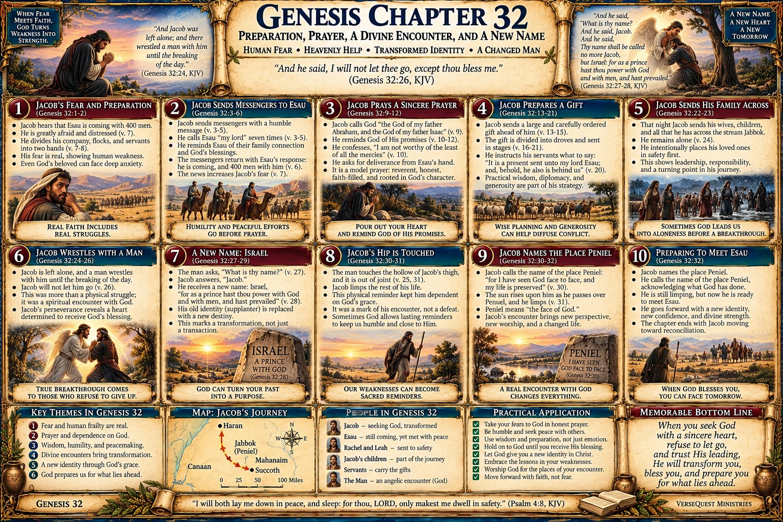 Genesis 32 – Jacob Wrestles at Jabbok: Fear of Esau, Prayer, Peniel, the New Name Israel, and a Changed Man (KJV Bible Study Chart)