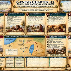 Genesis 33 KJV Bible study chart showing Jacob meeting Esau, their embrace and reconciliation, gifts, Succoth, Shechem, and Jacob’s altar.