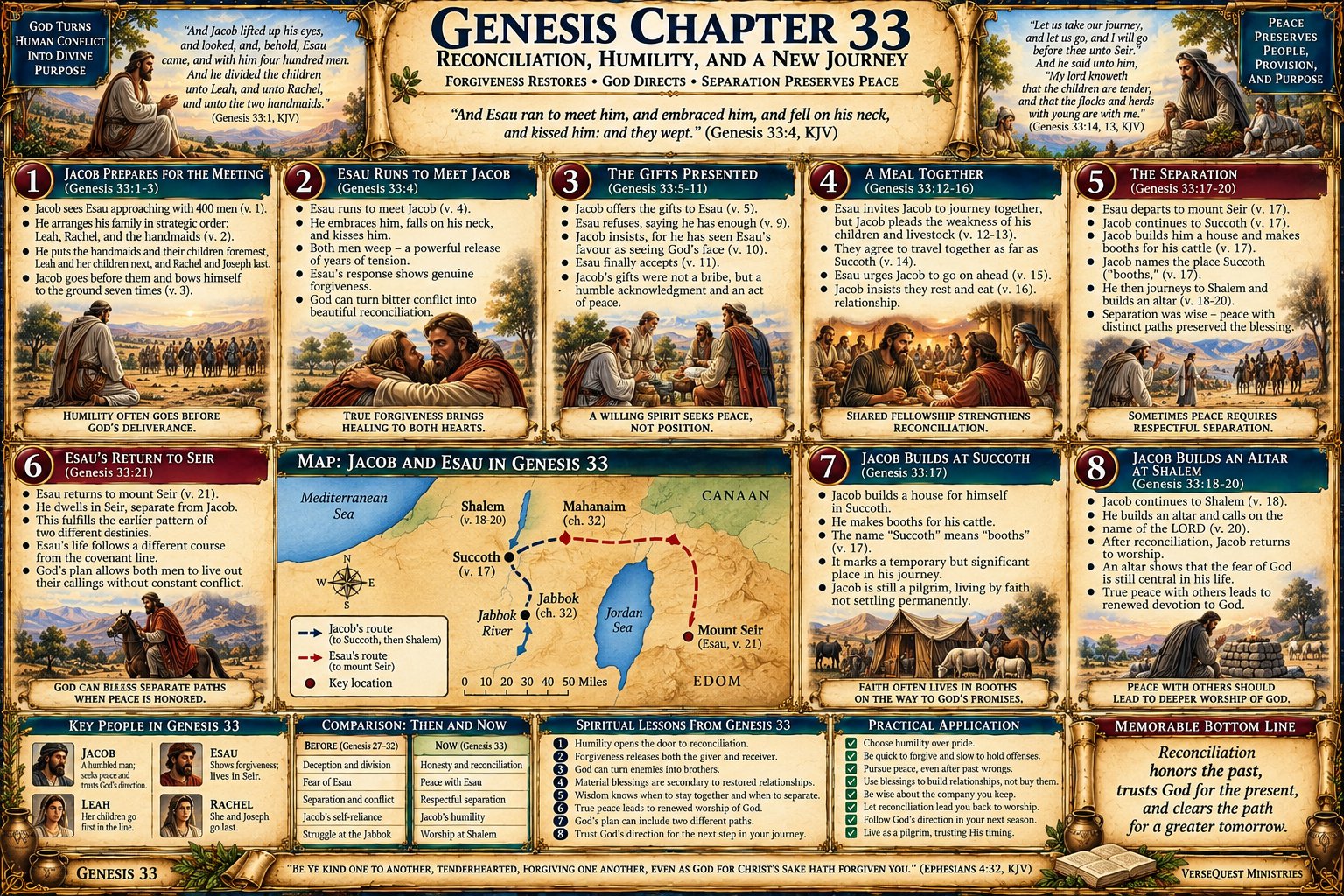 Genesis 33 – Jacob and Esau Reconciled: Humility, Gifts, Separation, Succoth, Shechem, and the Altar of El-elohe-Israel (KJV Bible Study Chart)