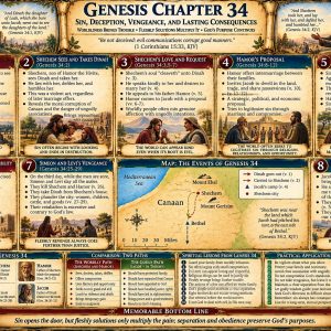 Genesis 34 KJV Bible study chart showing Dinah, Shechem, Hamor, deceptive circumcision, Simeon and Levi’s vengeance, and Jacob’s rebuke.