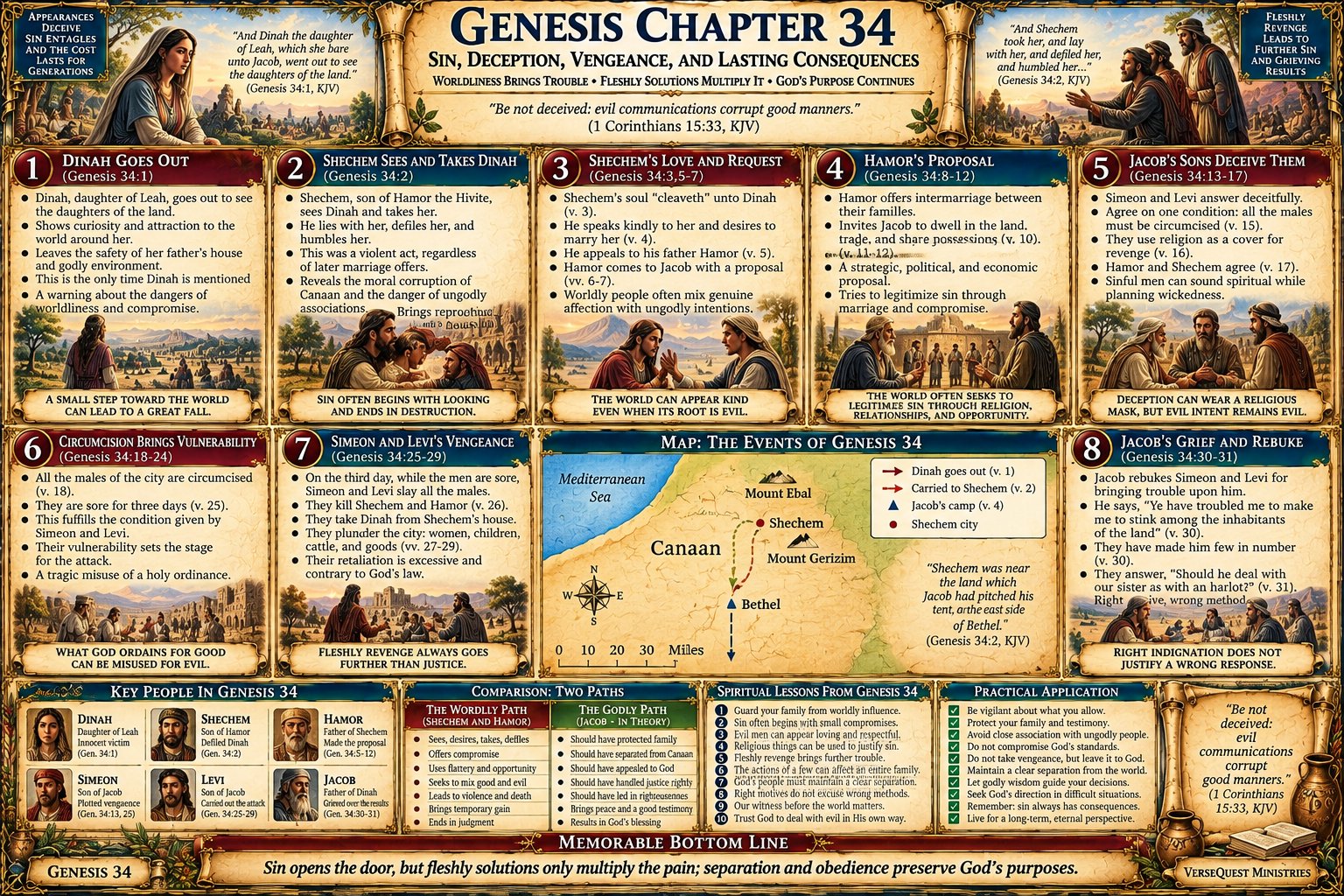 Genesis 34 – Dinah and Shechem: Deception, Misused Circumcision, Simeon and Levi’s Vengeance, and Lasting Consequences (KJV Bible Study Chart)