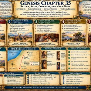 Genesis 35 KJV Bible study chart showing Jacob returning to Bethel, strange gods removed, Israel confirmed, Rachel dying, Benjamin born, and Isaac’s death.