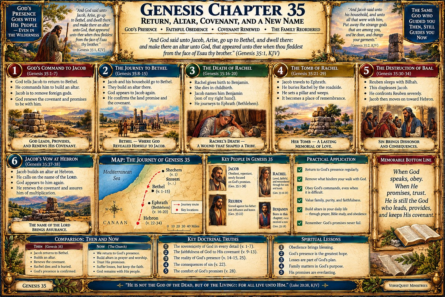 Genesis 35 – Jacob Returns to Bethel: Strange Gods Removed, the Covenant Renewed, Rachel Dies, Benjamin Is Born, and Isaac Is Gathered (KJV Bible Study Chart)