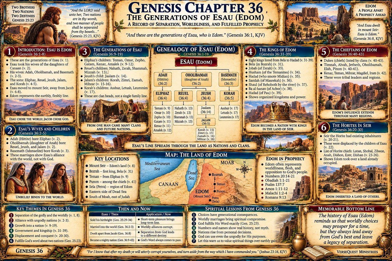 Genesis 36 – The Generations of Esau and Edom: Mount Seir, Chiefs, Kings, Horites, and the Nation Descended from Esau (KJV Bible Study Chart)