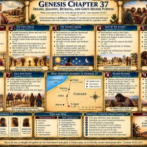 Genesis 37 KJV Bible study chart showing Joseph’s dreams, coat of many colours, jealous brothers, Dothan, the pit, and Joseph sold into Egypt.