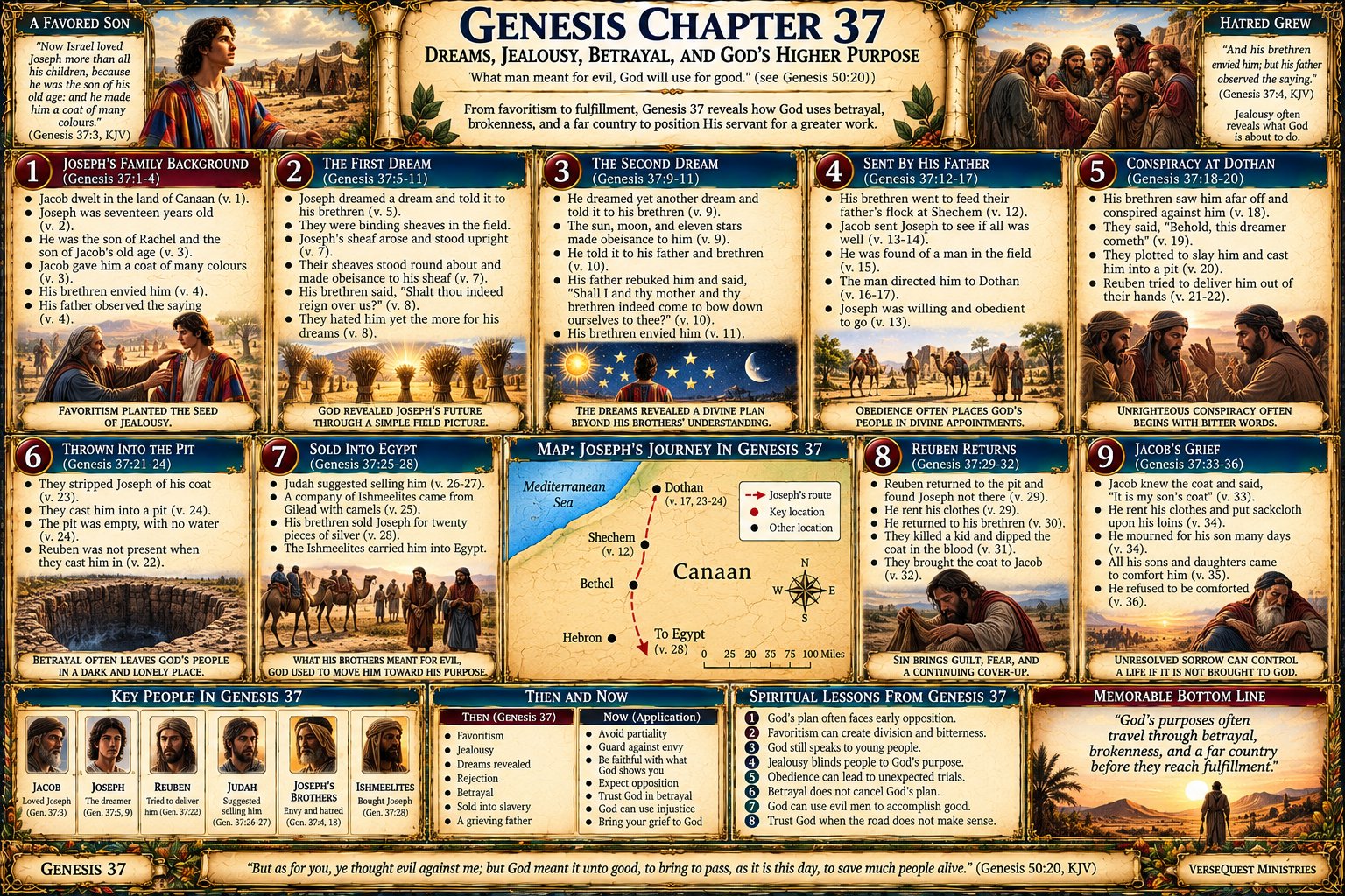 Genesis 37 – Joseph’s Dreams, Betrayal, and Descent into Egypt: The Coat of Many Colours, Dothan, the Pit, and God’s Higher Purpose (KJV Bible Study Chart)
