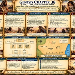 Genesis 38 KJV Bible study chart showing Judah, Tamar, Er, Onan, Shelah, Perez and Zerah, divine judgment, and the Messianic genealogy.