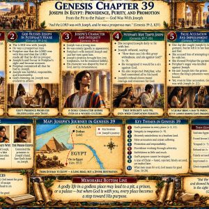 Genesis 39 KJV Bible study chart showing Joseph in Egypt, Potiphar, Potiphar’s wife, temptation, false accusation, prison, and God’s presence.