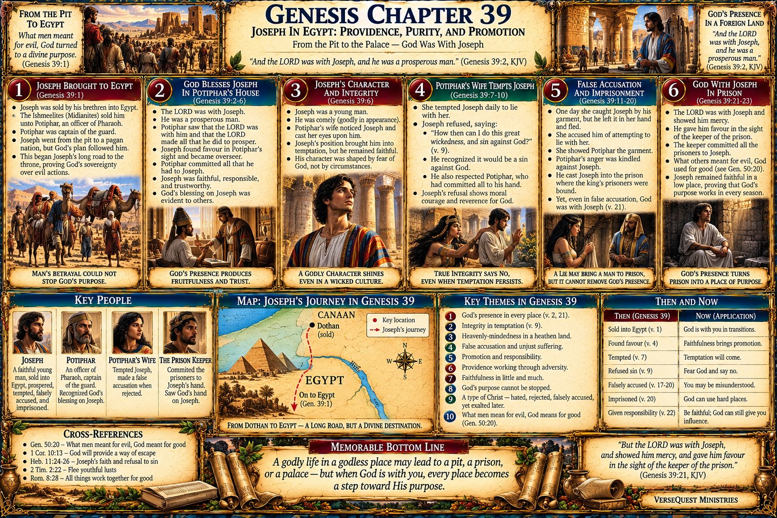 Genesis 39 – Joseph in Egypt: God’s Presence, Potiphar’s House, Temptation, False Accusation, and Faithfulness in Prison (KJV Bible Study Chart)