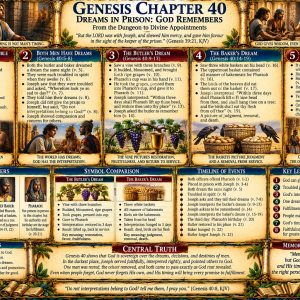 Genesis 40 KJV Bible study chart showing Joseph in prison, Pharaoh’s chief butler and baker, two dreams, interpretations, and their fulfillment.
