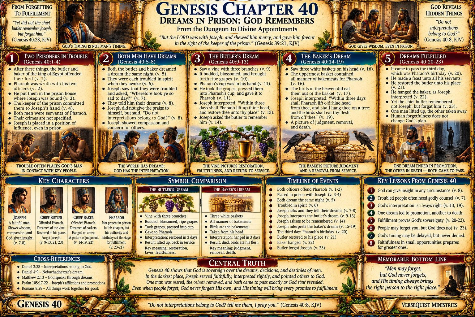 Genesis 40 – Dreams in Prison: Joseph, the Chief Butler, the Chief Baker, God’s Interpretations, and the Forgotten Prisoner (KJV Bible Study Chart)