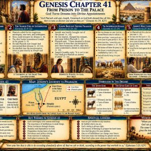 Genesis 41 KJV Bible study chart showing Joseph before Pharaoh, seven kine, seven ears of corn, famine, divine interpretation, and Joseph ruling Egypt.
