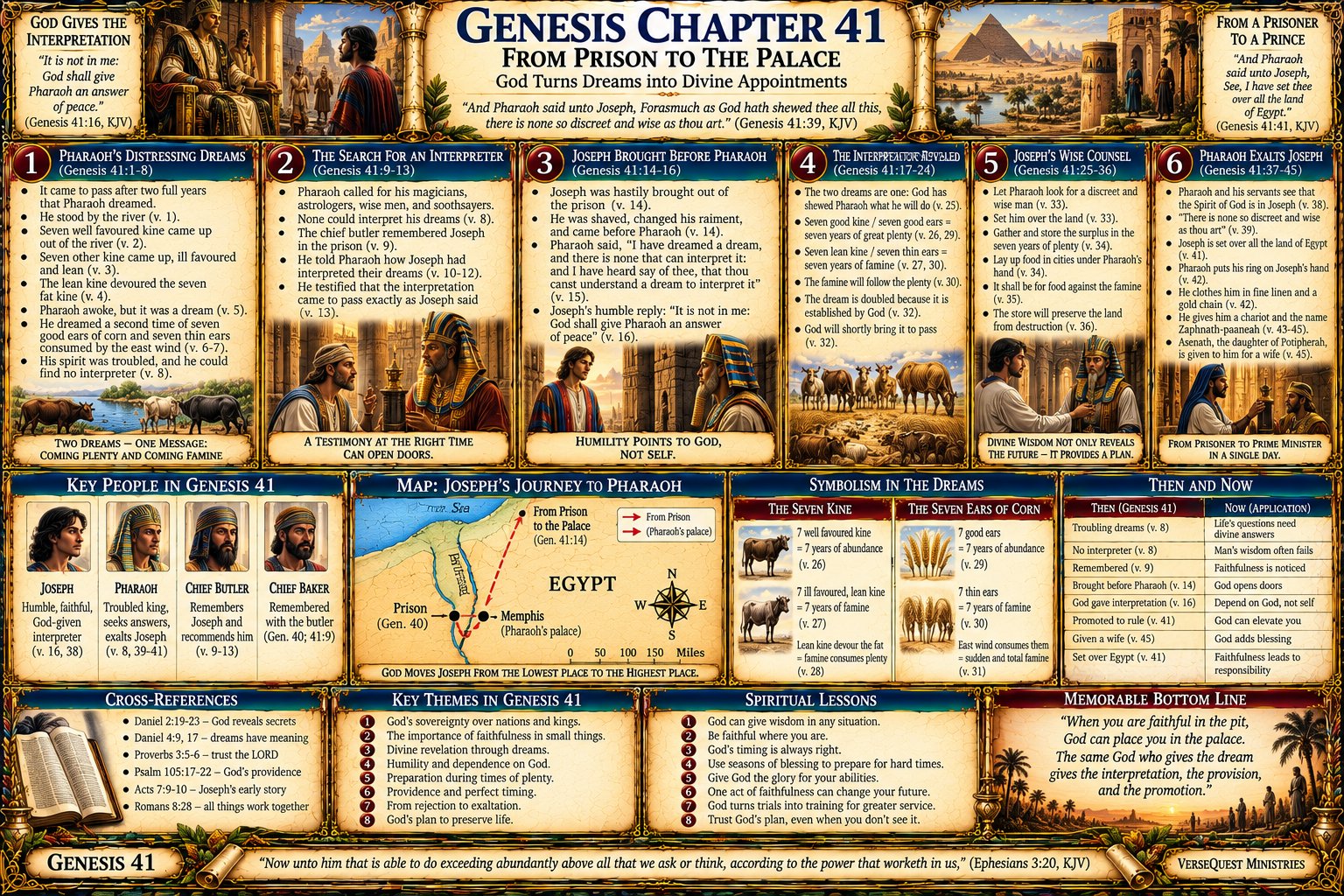 Genesis 41 – Joseph from Prison to the Palace: Pharaoh’s Dreams, Seven Years of Plenty and Famine, and Joseph Exalted Over Egypt (KJV Bible Study Chart)