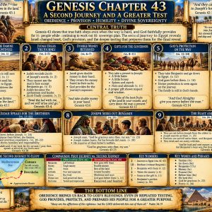 Genesis 43 KJV Bible study chart showing Joseph’s brothers returning to Egypt with Benjamin, Judah’s leadership, Joseph weeping, and the feast.
