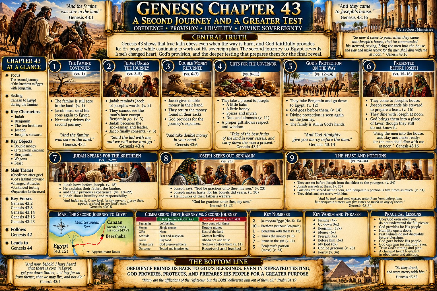 Genesis 43 – The Second Journey to Egypt: Judah Leads, Benjamin Goes, Joseph Weeps, and the Brothers Feast Together (KJV Bible Study Chart)