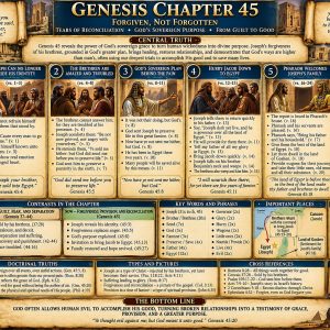 Genesis 45 KJV Bible study chart showing Joseph revealing himself to his brothers, reconciliation, Benjamin, Goshen, Pharaoh, and Jacob revived.