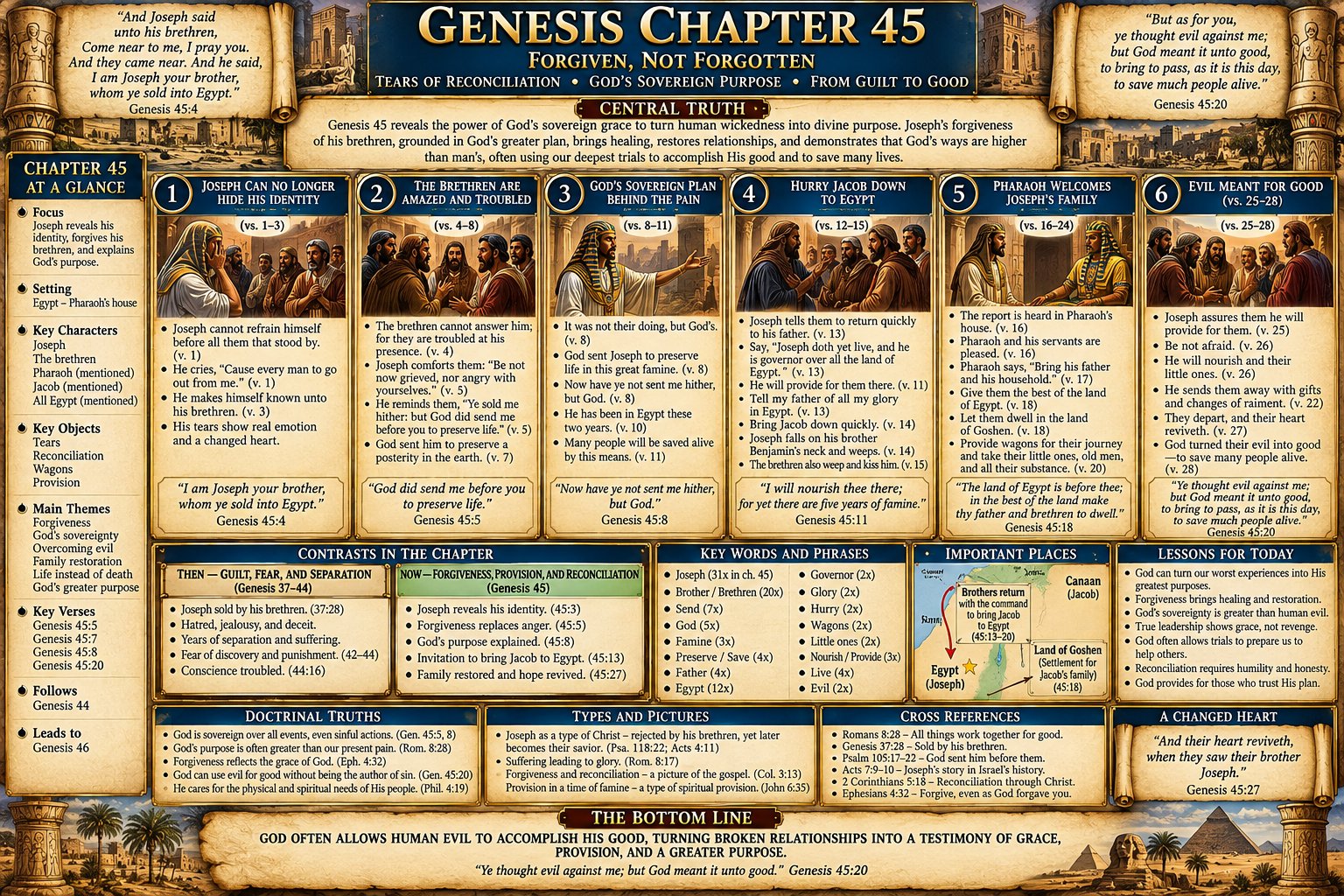 Genesis 45 – Joseph Reveals Himself: Forgiveness, Reconciliation, God’s Sovereign Purpose, and Jacob’s Heart Revived (KJV Bible Study Chart)