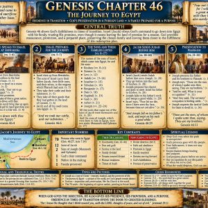 Genesis 46 KJV Bible study chart showing Jacob leaving Beersheba for Egypt, the 70 souls, Judah, Goshen, and Jacob reunited with Joseph.