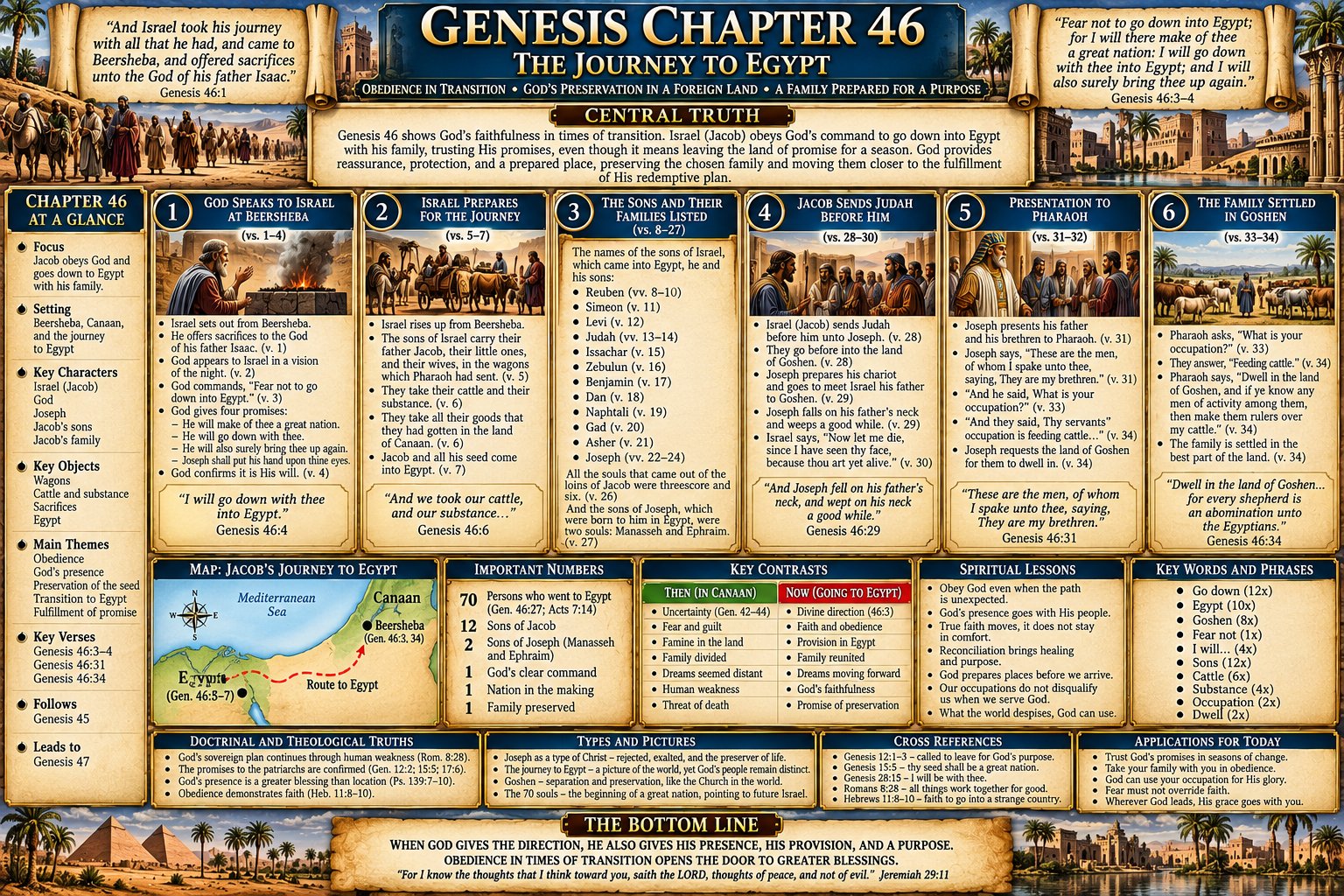 Genesis 46 – Jacob’s Journey to Egypt: Beersheba, God’s Promise, the Seventy Souls, Reunion with Joseph, and Preparation for Goshen (KJV Bible Study Chart)