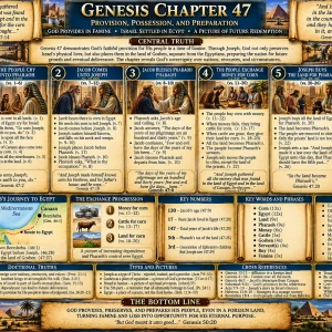 Genesis 47 KJV Bible study chart showing Joseph, Jacob before Pharaoh, Israel in Goshen, famine administration, land purchase, and Jacob’s burial oath.