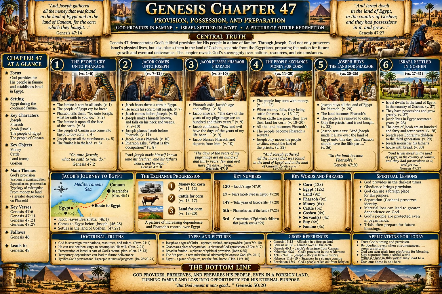 Genesis 47 – Provision, Possession, and Preparation: Jacob Before Pharaoh, Israel in Goshen, Joseph’s Famine Administration, and the Burial Oath (KJV Bible Study Chart)