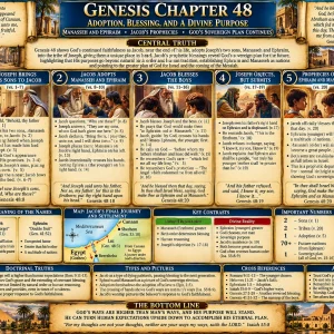Genesis 48 KJV Bible study chart showing Jacob blessing Ephraim and Manasseh, crossing his hands, Joseph objecting, and God’s sovereign choice.