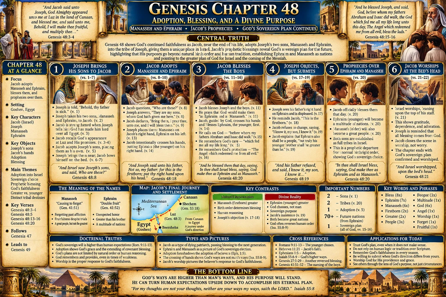 Genesis 48 – Jacob Blesses Ephraim and Manasseh: Joseph’s Sons Given Tribal Standing, the Crossed Hands, and God’s Sovereign Choice (KJV Bible Study Chart)