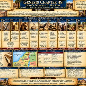 Genesis 49 KJV Bible study chart showing Jacob blessing his twelve sons, the tribes of Israel, Judah and Shiloh, Joseph, and Benjamin.