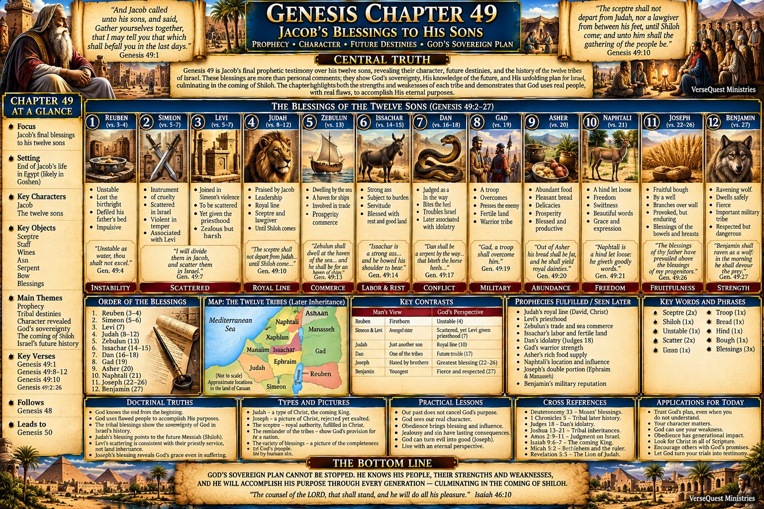 Genesis 49 – Jacob’s Blessings to His Sons: The Twelve Tribes, Judah and Shiloh, Joseph’s Fruitfulness, and Israel’s Prophetic Future (KJV Bible Study Chart)