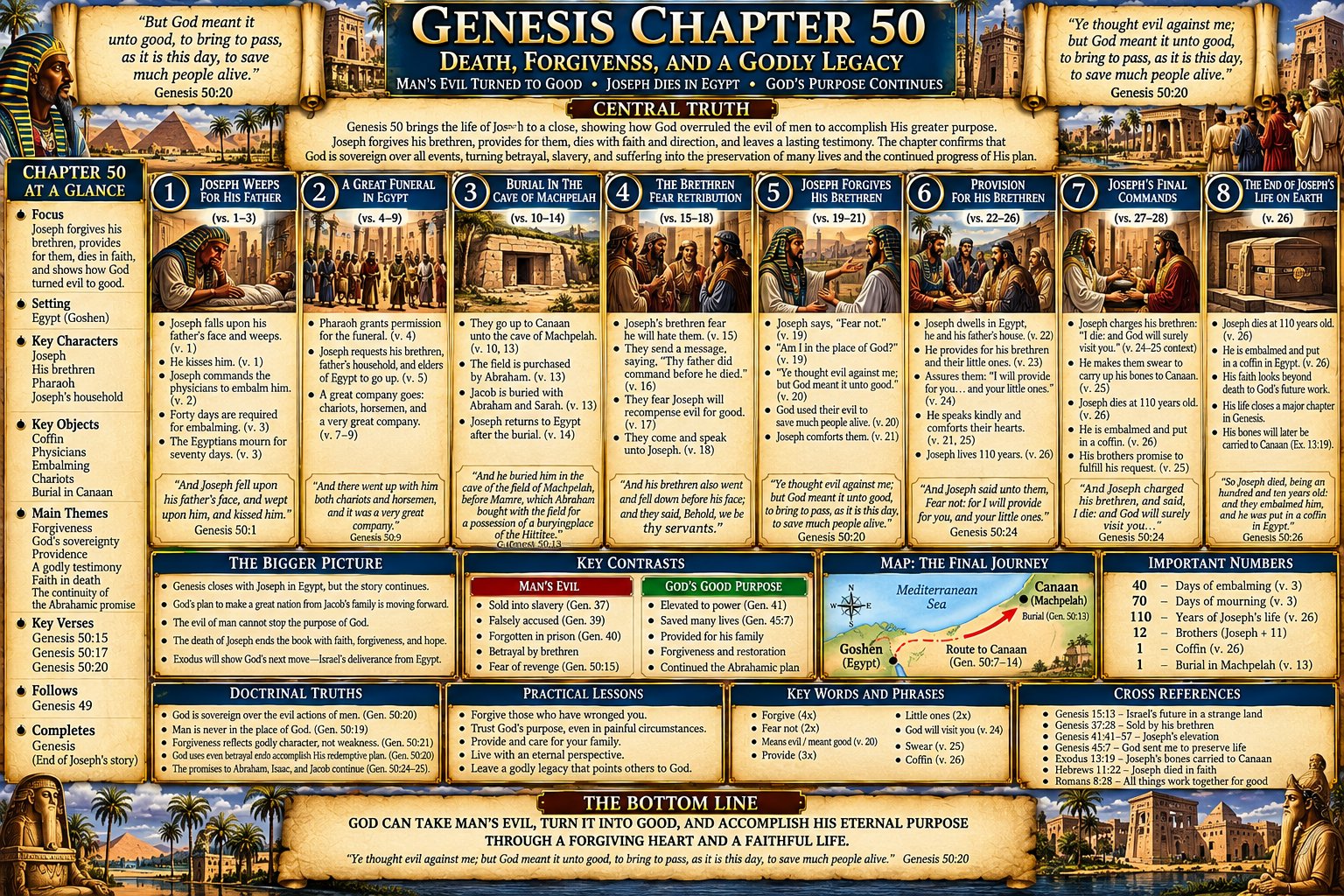 Genesis 50 – Death, Forgiveness, and a Godly Legacy: Jacob Buried in Machpelah, Joseph Forgives His Brothers, and God Means Evil for Good (KJV Bible Study Chart)