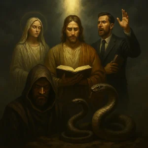 A symbolic image of four deceivers cloaked in spiritual darkness surrounding divine light, revealing the hidden battle between truth and falsehood.
