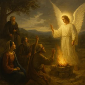 A radiant figure representing The Angel of the Lord surrounded by Old Testament scenes: burning bush, ram, altar flame, desert, and guiding cloud.