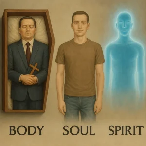 Visual depiction of the body in a casket, soul standing upright, and spirit glowing with divine light—illustrating man's tripartite design.