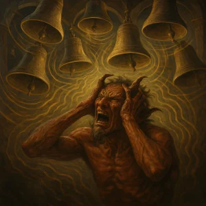 A demonic figure screams in agony beneath radiant cathedral bells, overwhelmed by sacred frequencies symbolizing spiritual warfare and divine sound.