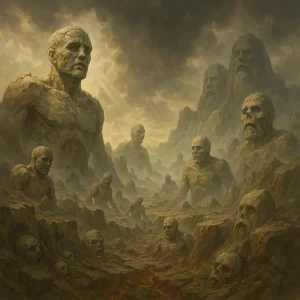 Petrified giants rise from cracked earth beneath a stormy sky, symbolizing end-time resurrection and divine judgment from Revelation.