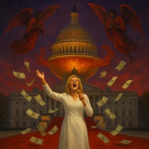A prophetess stands before the U.S. Capitol as demonic angels hover and money rains down, symbolizing spiritual deception in politics and religion.